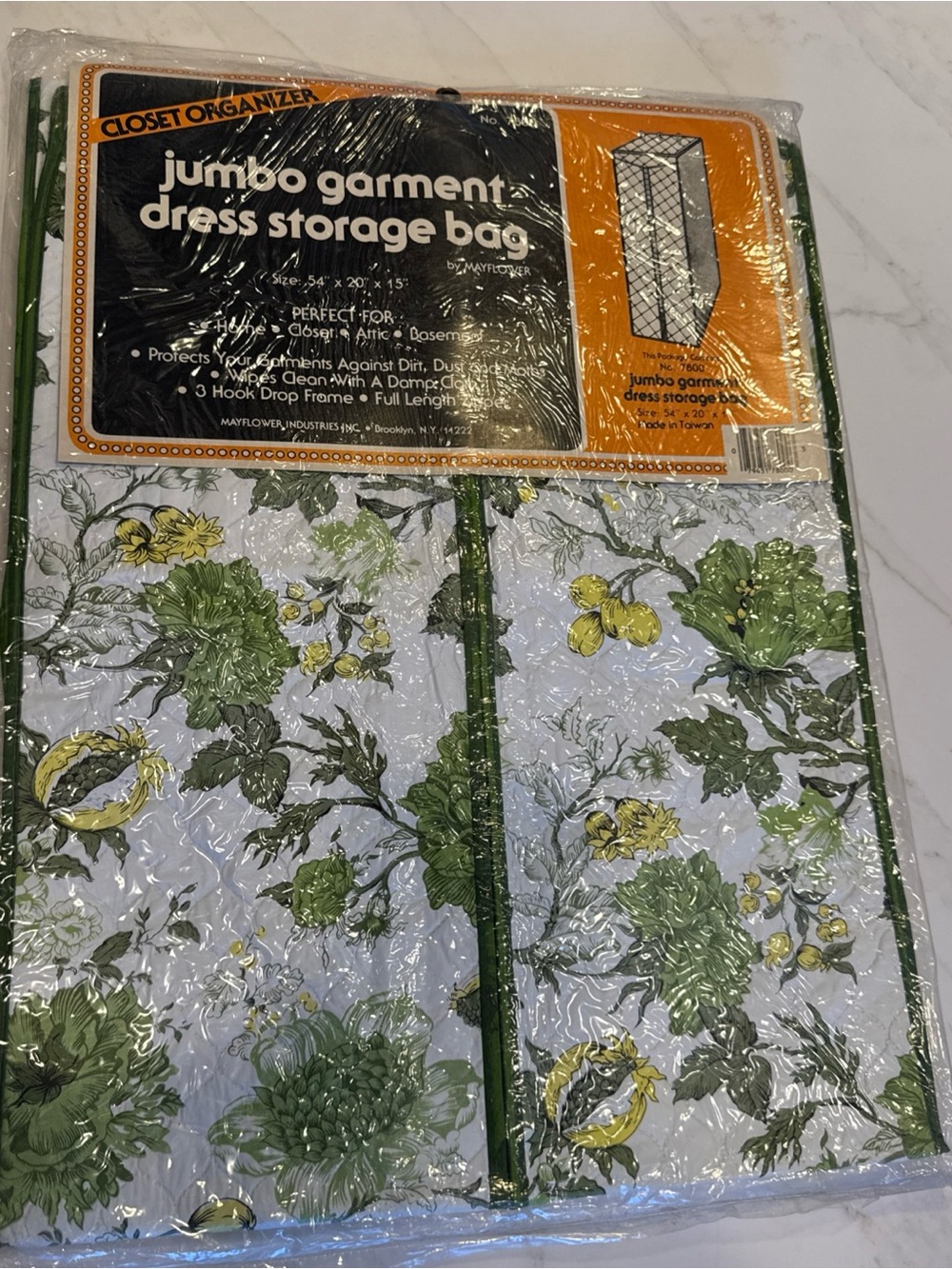 60’s Vinyl Jumbo Garment Dress Storage Bag - Green Floral 54x20x15 Vintage NOS